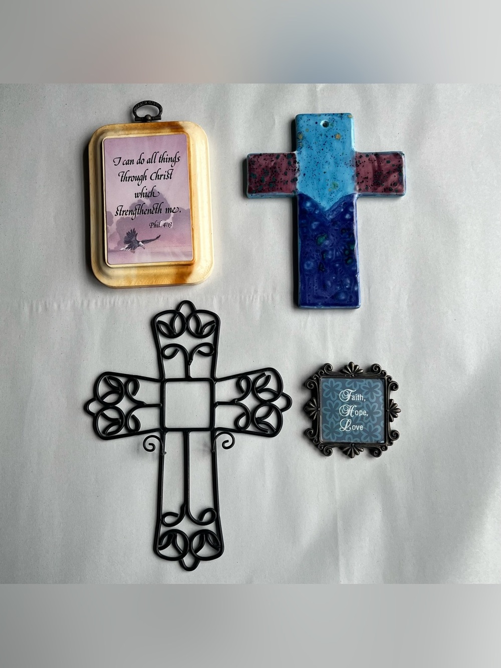 Decorative Wall Crosses Religious Plaques Decor - Bundle of 4